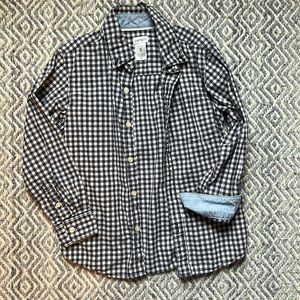 Navy and white button down, crisp cotton.